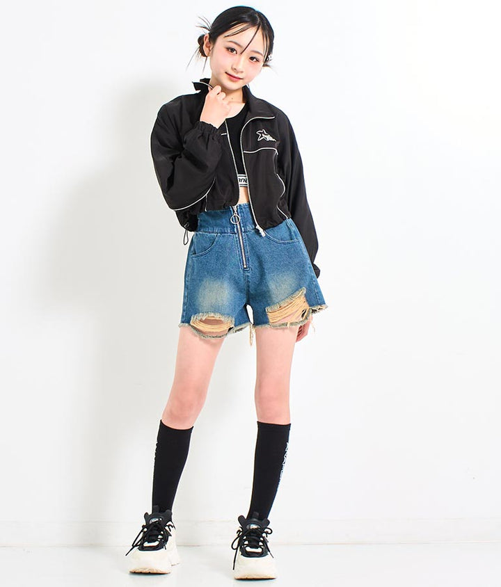 ハイウエスト リングジップ ダメージ デニム ショート パンツ