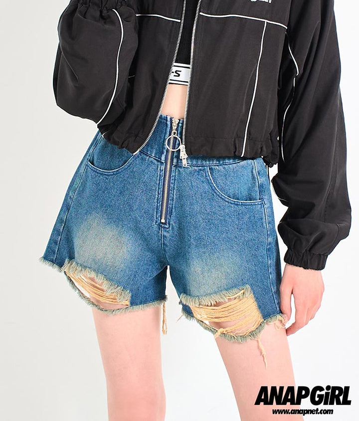 ハイウエスト リングジップ ダメージ デニム ショート パンツ【キッズお揃い】912-7623