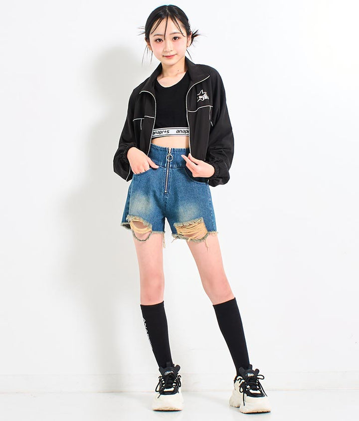 ハイウエスト リングジップ ダメージ デニム ショート パンツ【キッズお揃い】912-7623