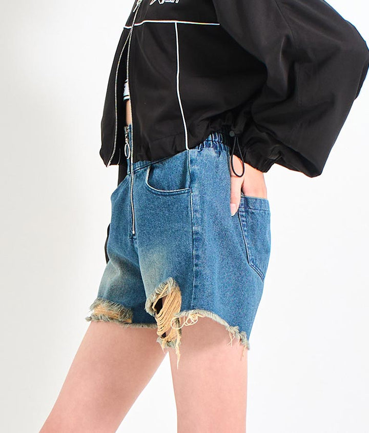 ハイウエスト リングジップ ダメージ デニム ショート パンツ【キッズお揃い】912-7623