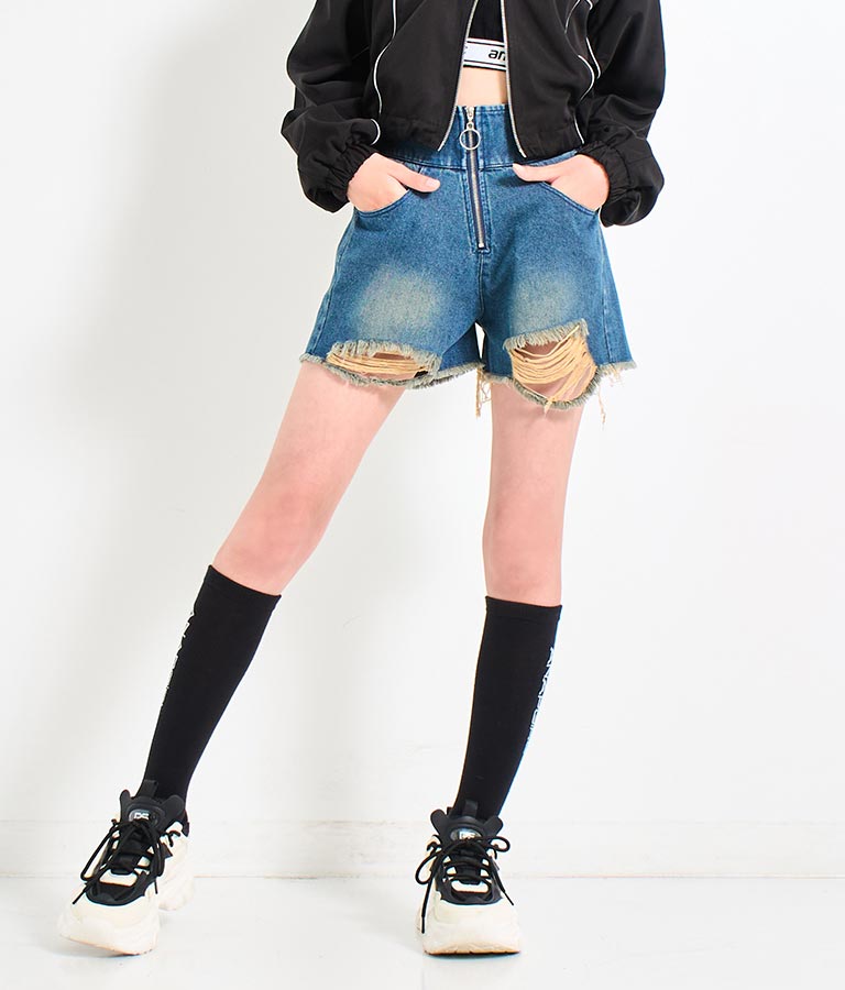ハイウエスト リングジップ ダメージ デニム ショート パンツ【キッズお揃い】912-7623