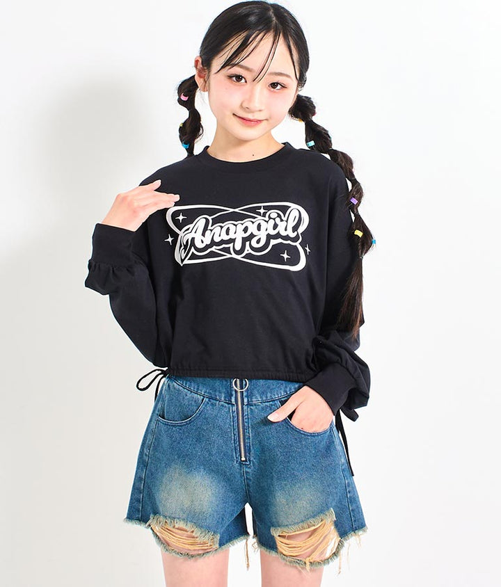 裾 リボン ドロスト クロップド ロングスリーブ Tシャツ