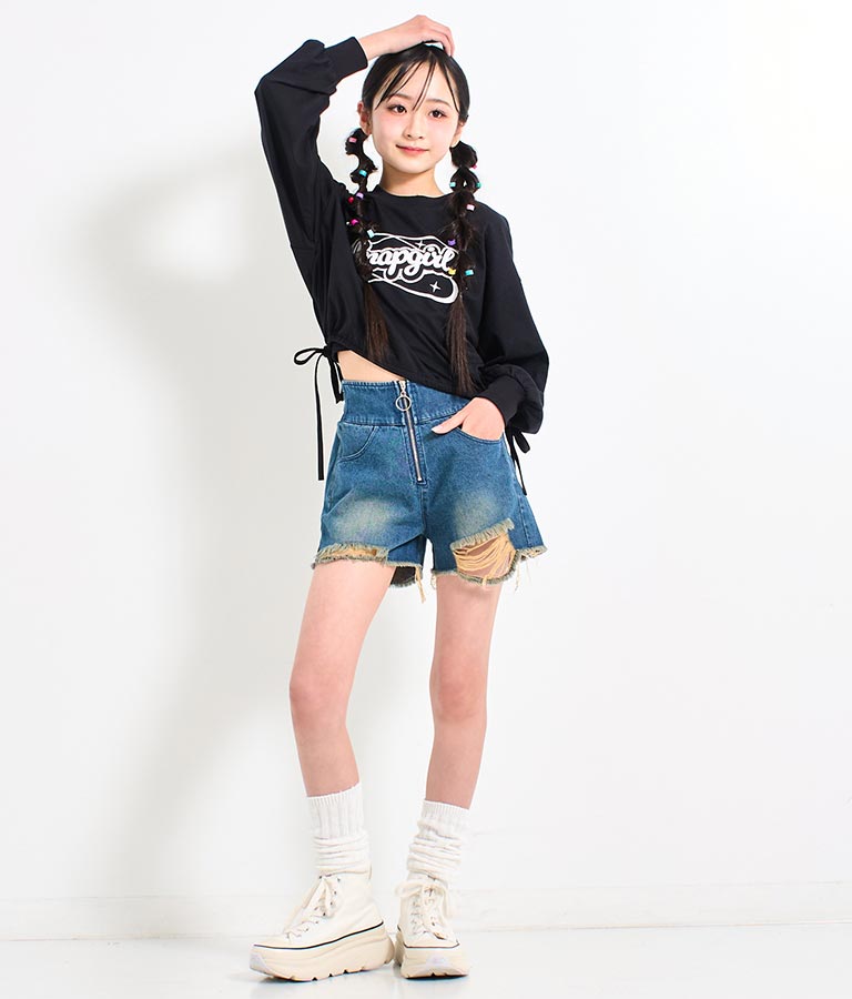 裾 リボン ドロスト クロップド ロングスリーブ Tシャツ 913-7615