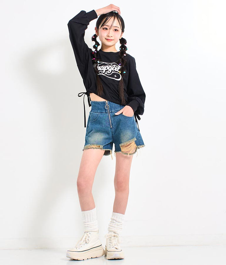 裾 リボン ドロスト クロップド ロングスリーブ Tシャツ 913-7615