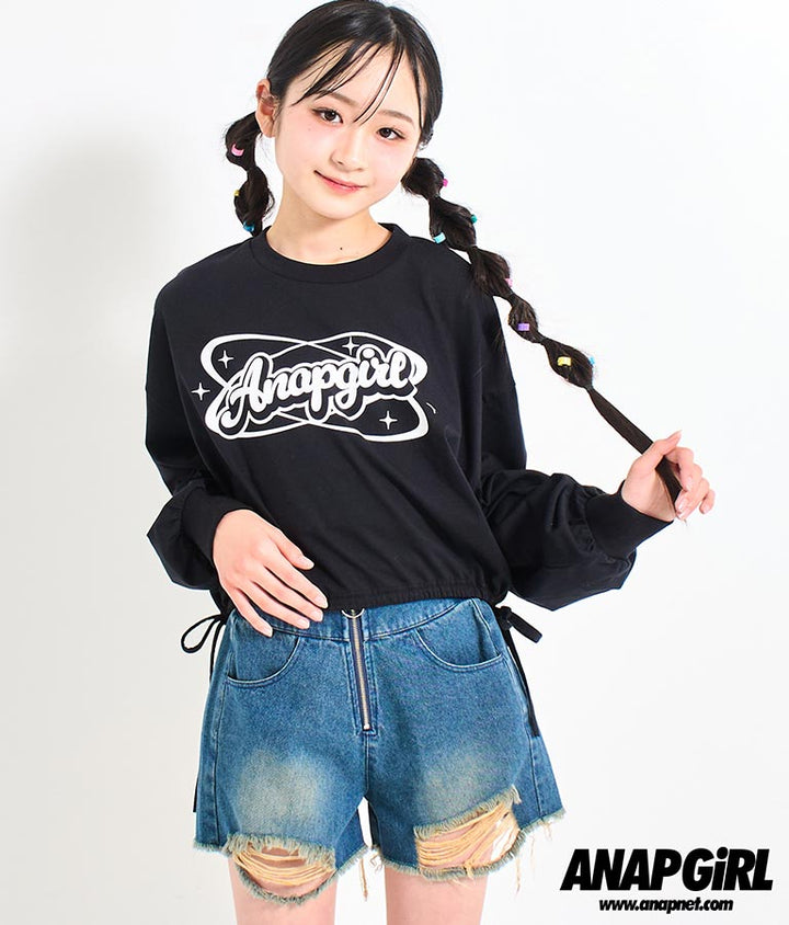 裾 リボン ドロスト クロップド ロングスリーブ Tシャツ 913-7615