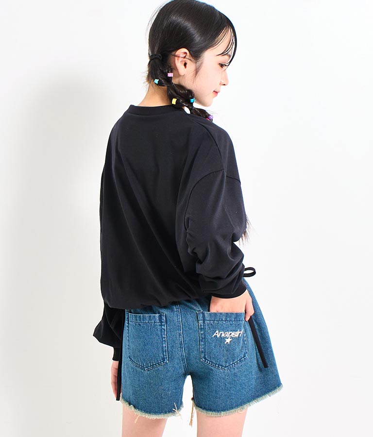 裾 リボン ドロスト クロップド ロングスリーブ Tシャツ 913-7615