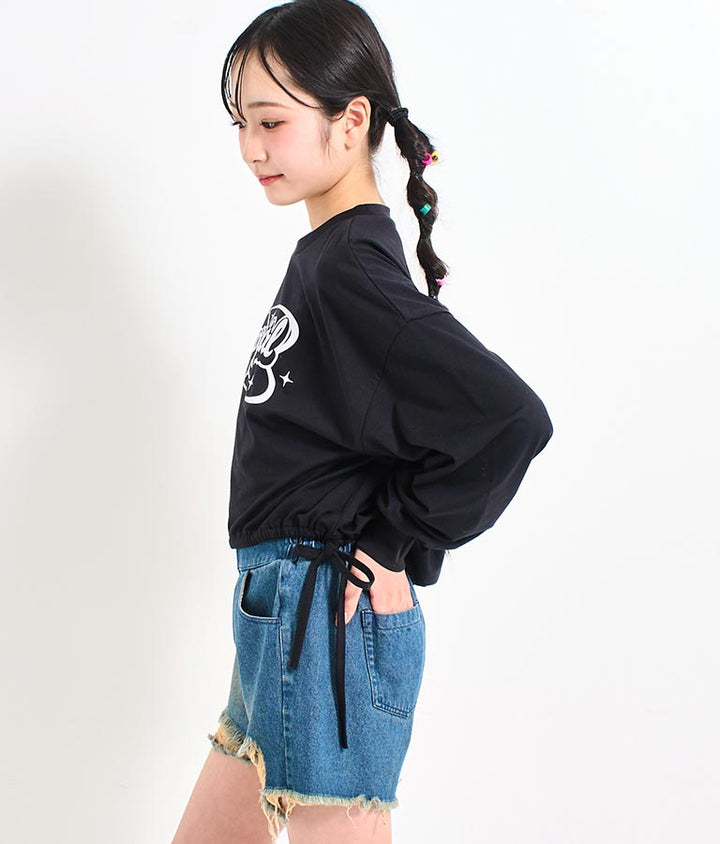 裾 リボン ドロスト クロップド ロングスリーブ Tシャツ 913-7615