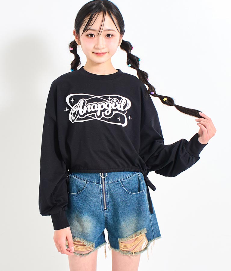 裾 リボン ドロスト クロップド ロングスリーブ Tシャツ 913-7615