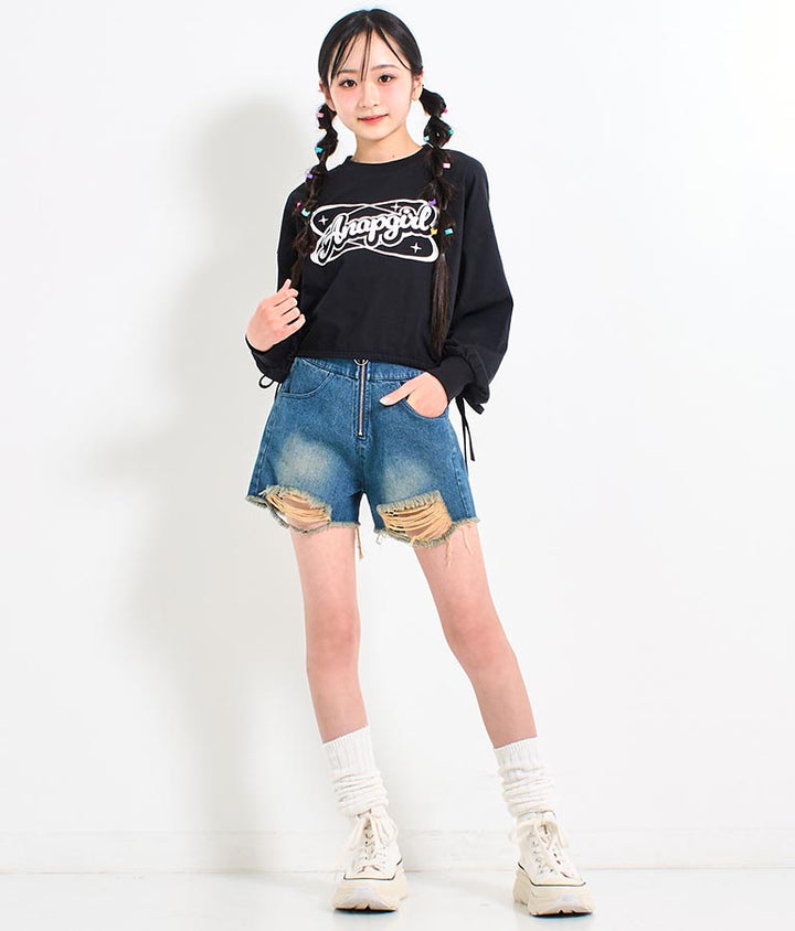 裾 リボン ドロスト クロップド ロングスリーブ Tシャツ 913-7615