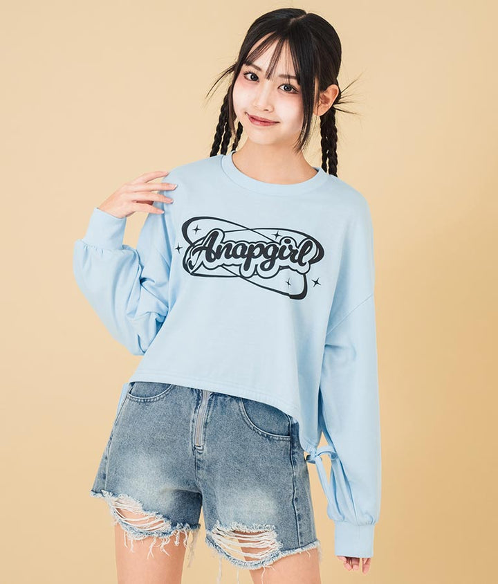 裾 リボン ドロスト クロップド ロングスリーブ Tシャツ 913-7615