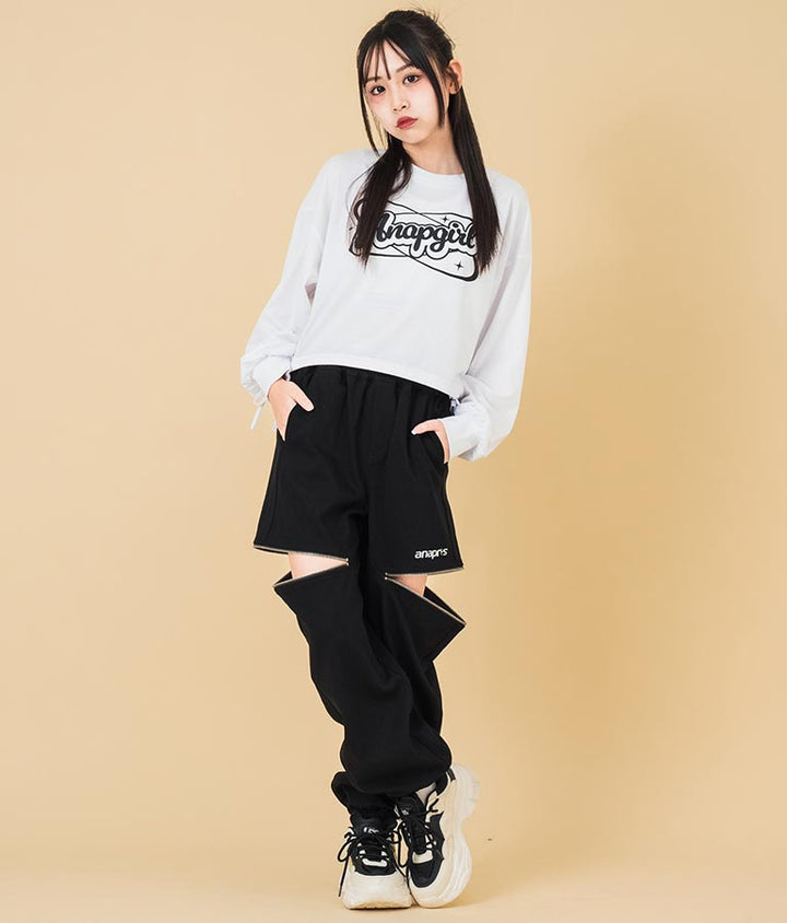 裾 リボン ドロスト クロップド ロングスリーブ Tシャツ 913-7615