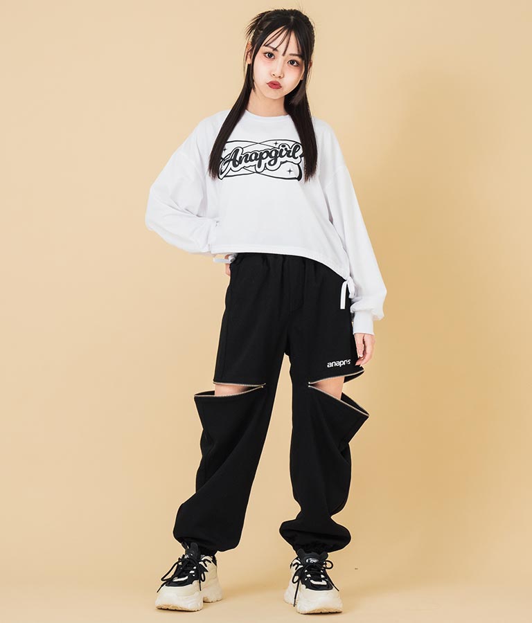 裾 リボン ドロスト クロップド ロングスリーブ Tシャツ 913-7615