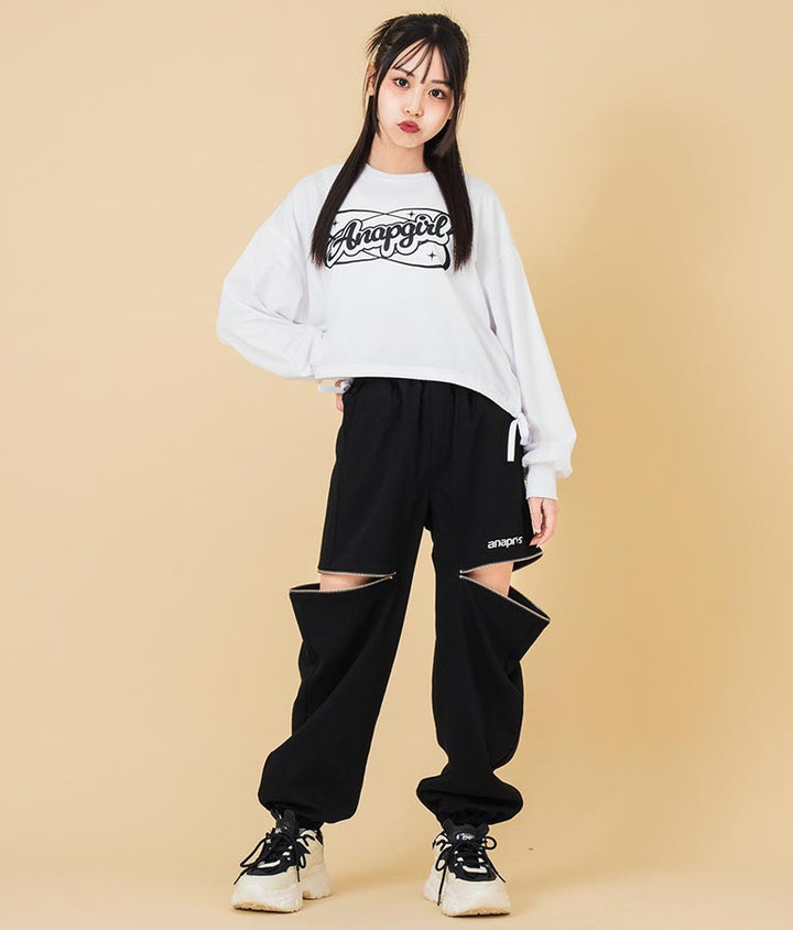 裾 リボン ドロスト クロップド ロングスリーブ Tシャツ 913-7615