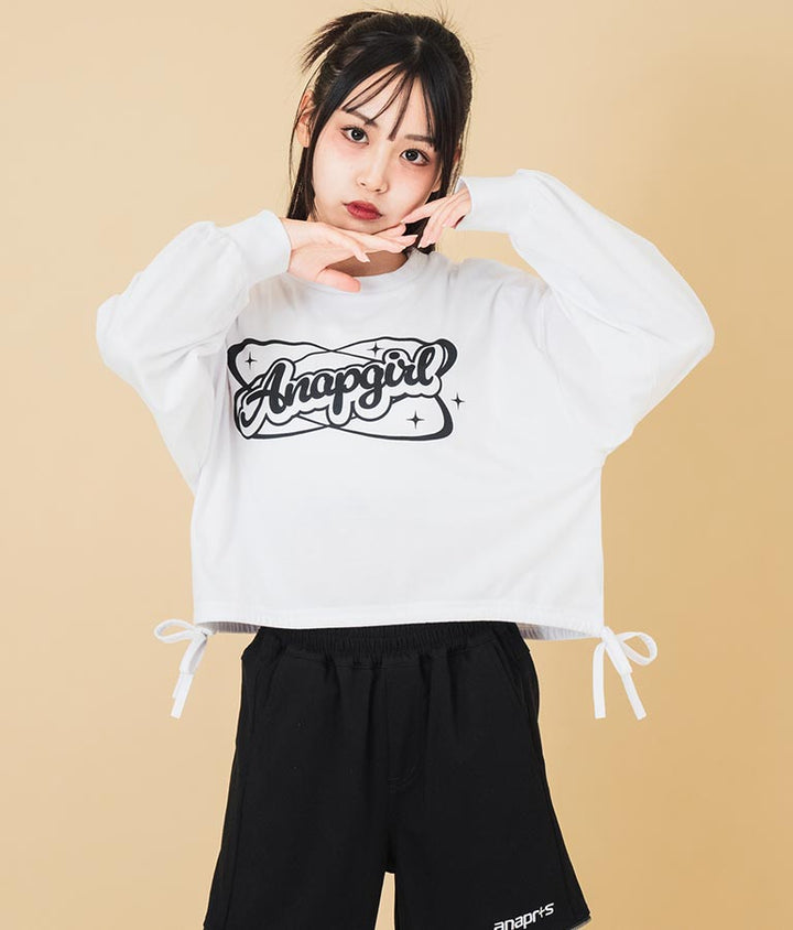 裾 リボン ドロスト クロップド ロングスリーブ Tシャツ 913-7615