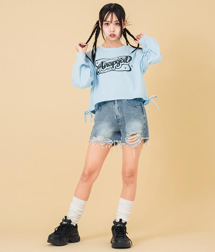 裾 リボン ドロスト クロップド ロングスリーブ Tシャツ 913-7615