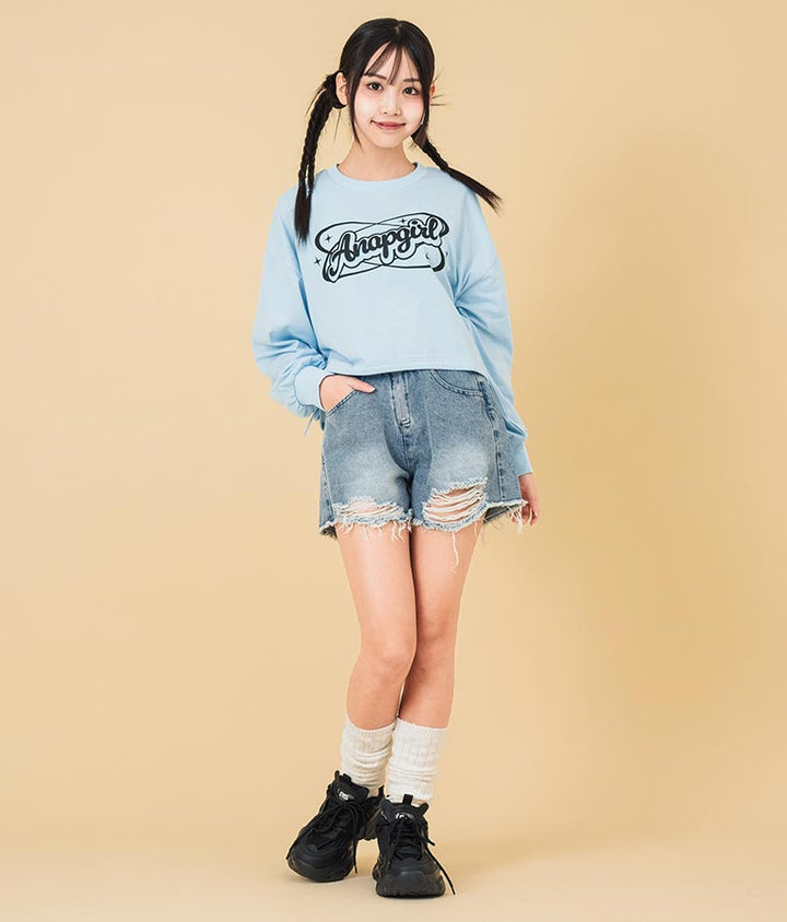 裾 リボン ドロスト クロップド ロングスリーブ Tシャツ 913-7615