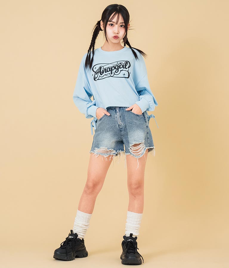裾 リボン ドロスト クロップド ロングスリーブ Tシャツ 913-7615