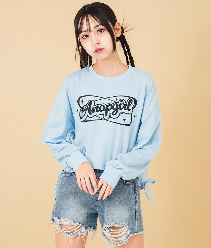 裾 リボン ドロスト クロップド ロングスリーブ Tシャツ 913-7615