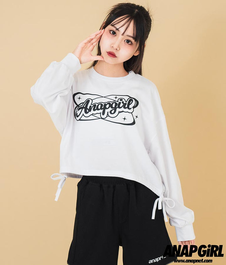 裾 リボン ドロスト クロップド ロングスリーブ Tシャツ 913-7615