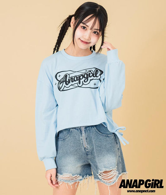 裾 リボン ドロスト クロップド ロングスリーブ Tシャツ 913-7615