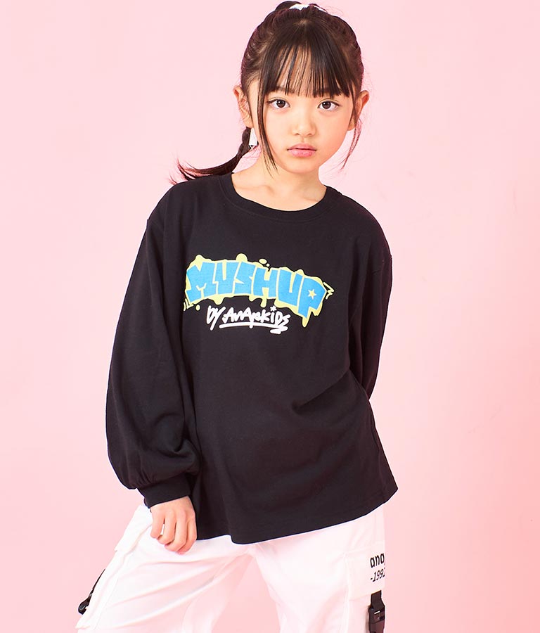 袖 リブ プリント ロング スリーブ Tシャツ