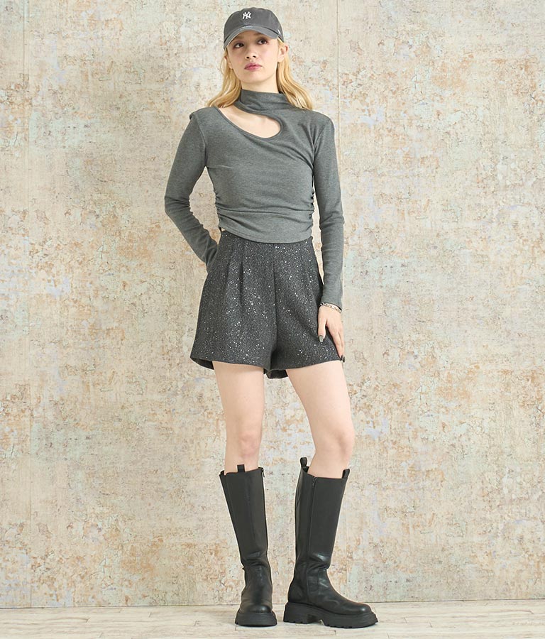 ラメ ツイード ハイウエスト ショート パンツ　152-5651