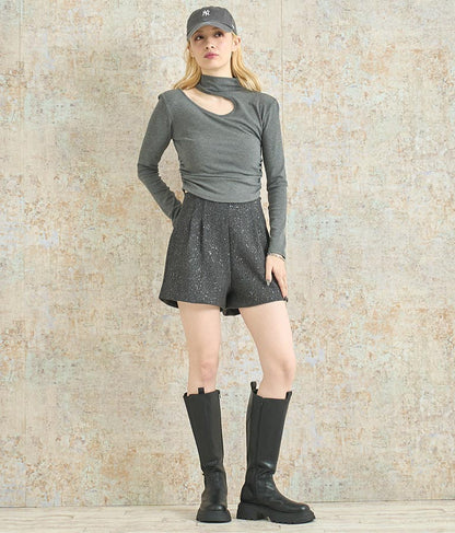 ラメ ツイード ハイウエスト ショート パンツ　152-5651