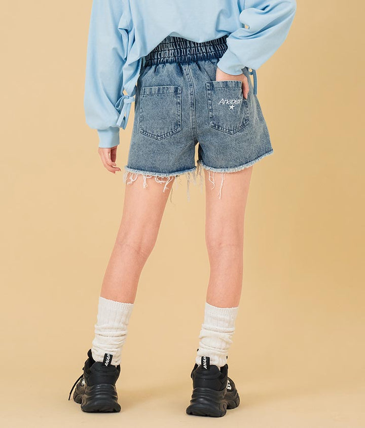 ハイウエスト リングジップ ダメージ デニム ショート パンツ【キッズお揃い】912-7623