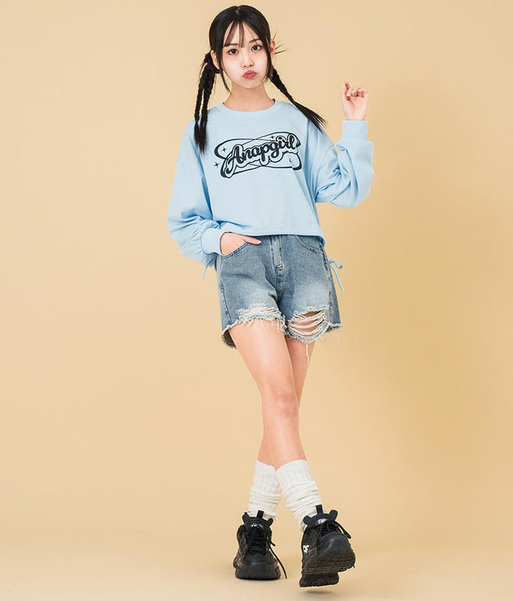 ハイウエスト リングジップ ダメージ デニム ショート パンツ【キッズお揃い】912-7623