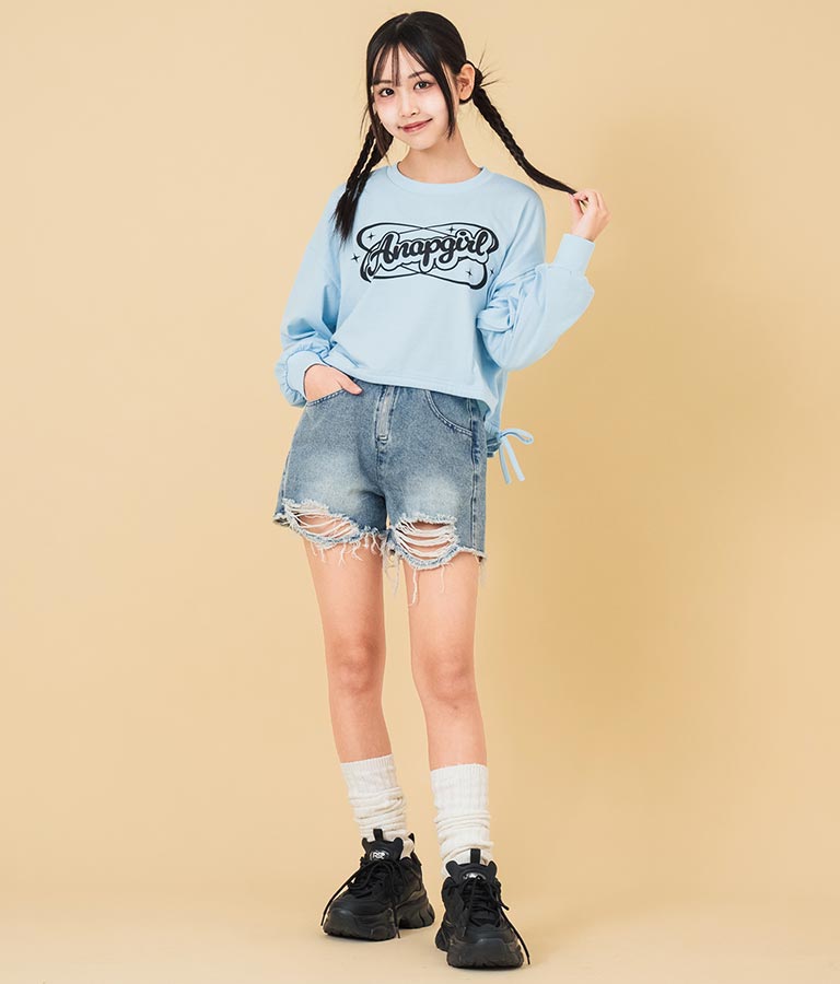 ハイウエスト リングジップ ダメージ デニム ショート パンツ【キッズお揃い】912-7623