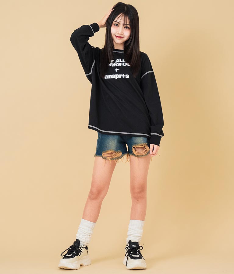 ハイウエスト リングジップ ダメージ デニム ショート パンツ【キッズお揃い】912-7623
