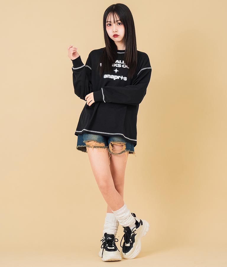 ハイウエスト リングジップ ダメージ デニム ショート パンツ【キッズお揃い】912-7623