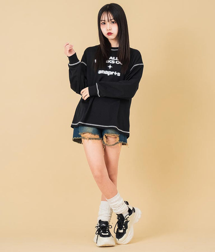 ハイウエスト リングジップ ダメージ デニム ショート パンツ【キッズお揃い】912-7623