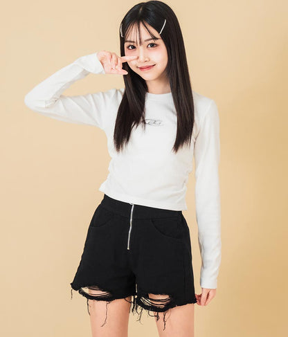 ハイウエスト リングジップ ダメージ デニム ショート パンツ 912-7623