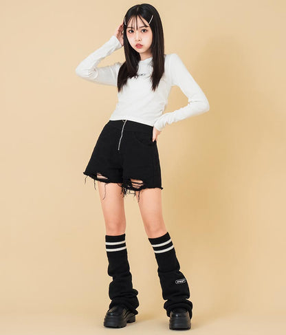 ハイウエスト リングジップ ダメージ デニム ショート パンツ 912-7623