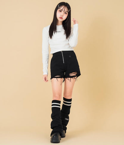 ハイウエスト リングジップ ダメージ デニム ショート パンツ 912-7623