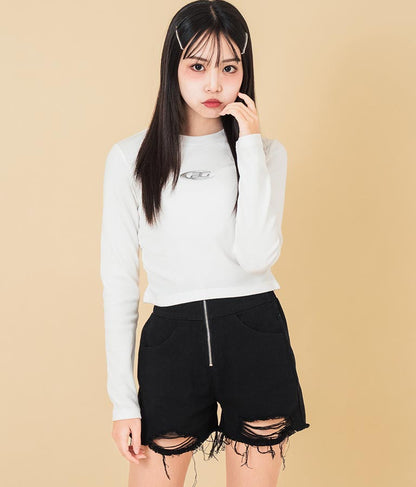 ハイウエスト リングジップ ダメージ デニム ショート パンツ 912-7623