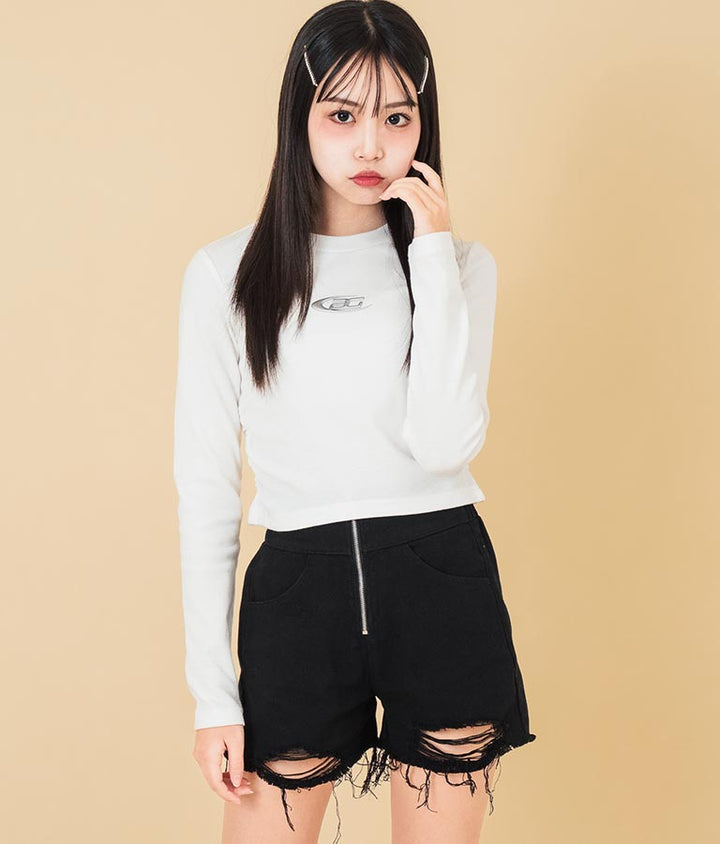 ハイウエスト リングジップ ダメージ デニム ショート パンツ【キッズお揃い】912-7623