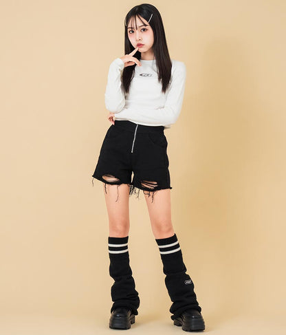 ハイウエスト リングジップ ダメージ デニム ショート パンツ 912-7623
