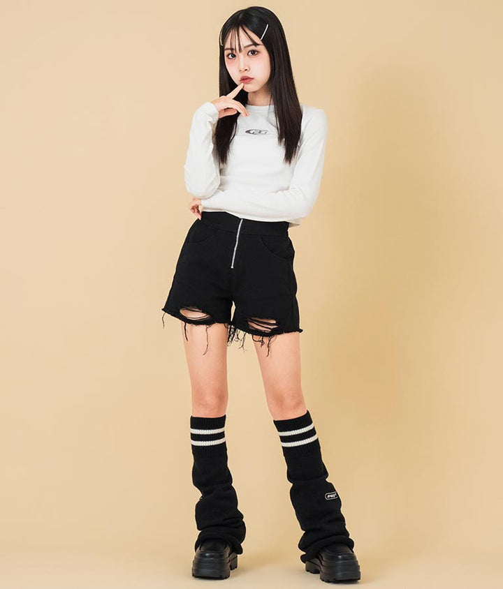 ハイウエスト リングジップ ダメージ デニム ショート パンツ【キッズお揃い】912-7623