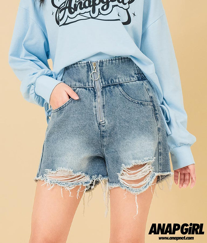 ハイウエスト リングジップ ダメージ デニム ショート パンツ【キッズお揃い】912-7623