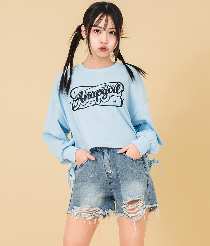 ハイウエスト リングジップ ダメージ デニム ショート パンツ【キッズお揃い】912-7623