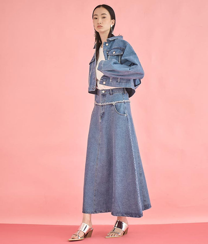 切替 デザイン フレア ロング デニム スカート 361-9583