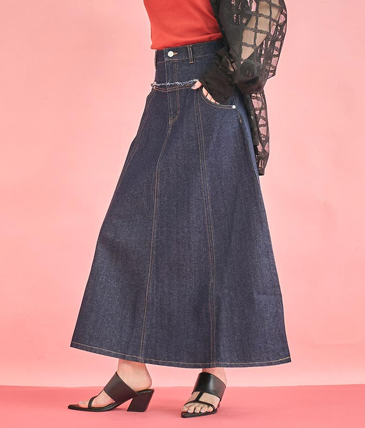 切替 デザイン フレア ロング デニム スカート 361-9583