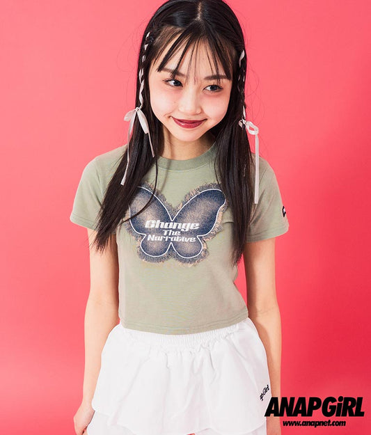 デニム バタフライ ワッペン モチーフ ミニ Tシャツ 913-7633