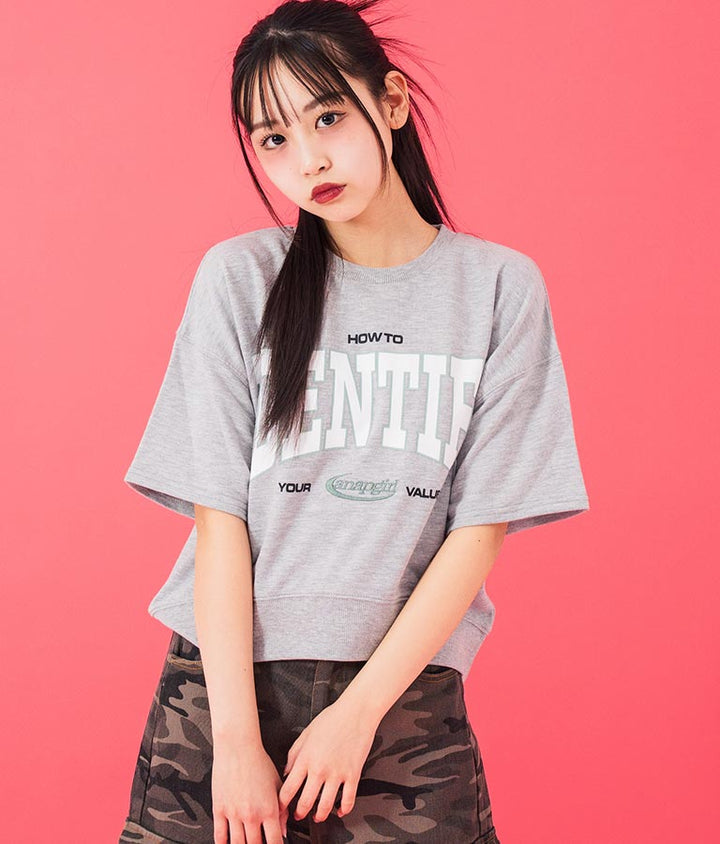 カレッジ プリント ミニ 裏毛 クロップド Tシャツ 913-7641