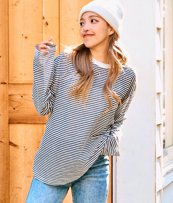 シアー カラー ボーダー ロングスリーブ カットソー 長袖 Tシャツ 853-5933