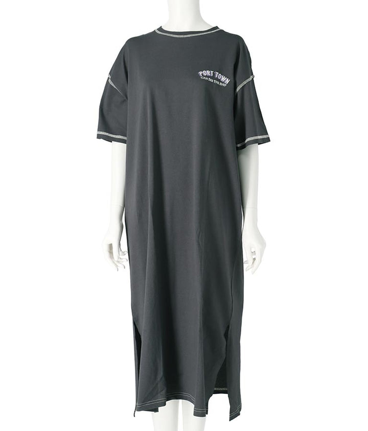 配色ステッチ ロゴ 半袖 マキシ ロング Tシャツ ワンピース 857-5932