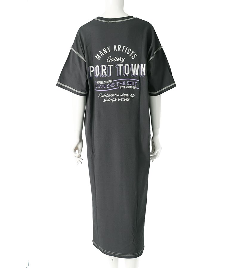 配色ステッチ ロゴ 半袖 マキシ ロング Tシャツ ワンピース 857-5932