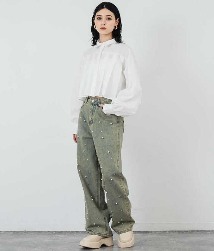 ボリュームスリーブ クロップド プリーツ シャツ ブラウス 793-9231